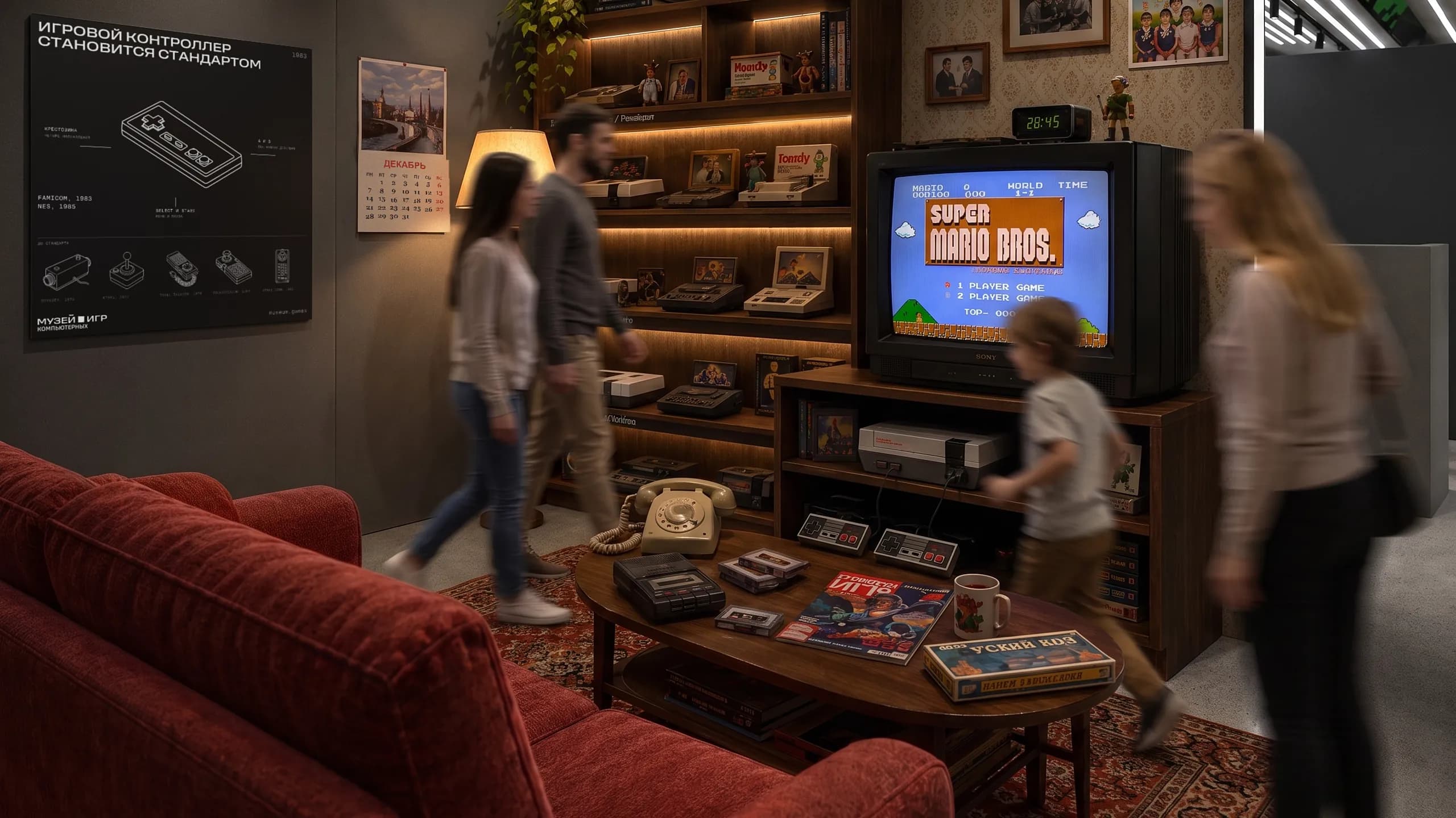 Зал консолей: гостиная восьмидесятых с NES и Super Mario Bros. на телевизоре, рядом щит про игровой контроллер.