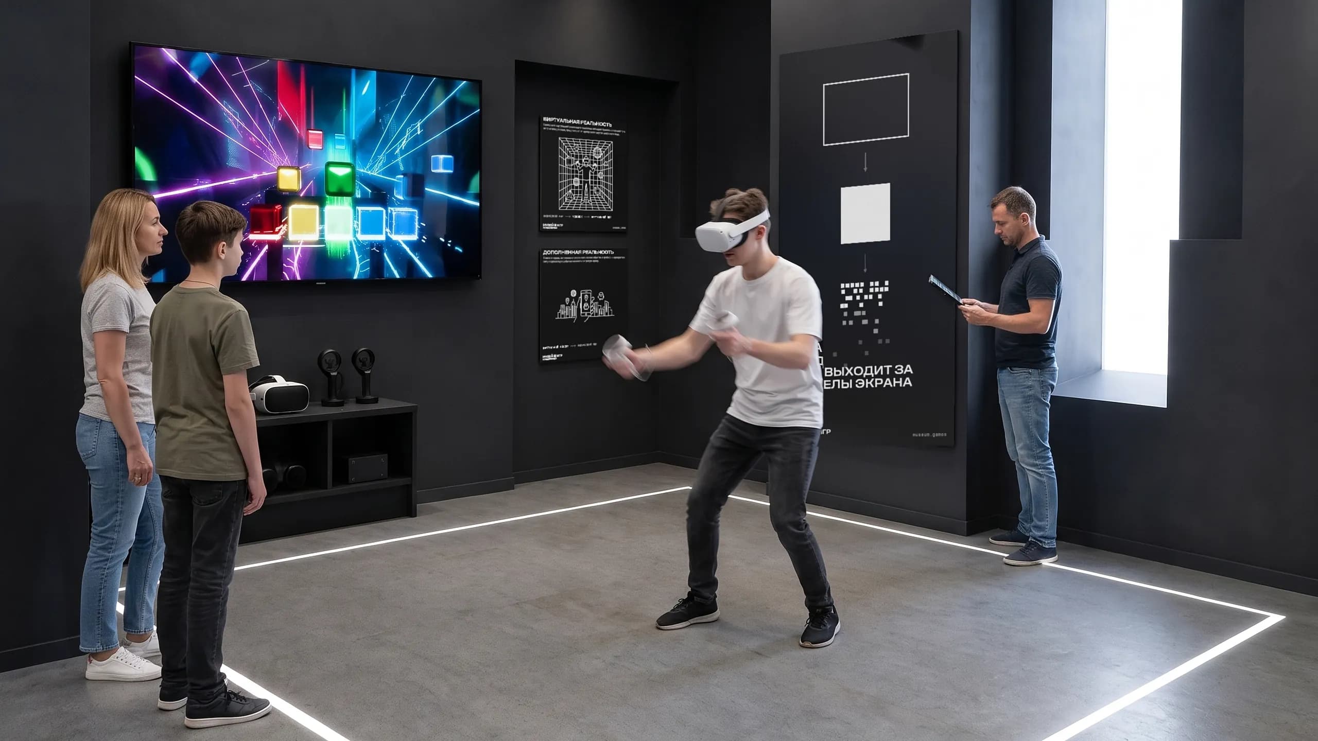 Зал VR: посетитель в шлеме с контроллерами играет перед большим экраном, рядом смотрят зрители.